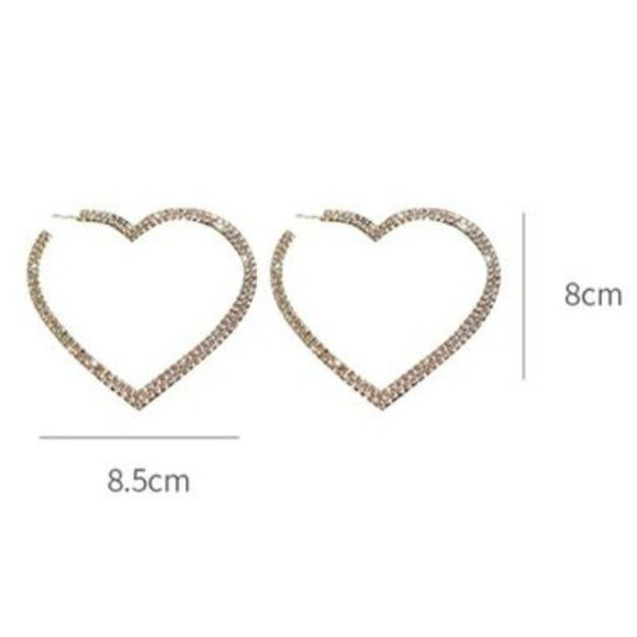 Silver Crystal Rhinestone Big Heart Fashion Statement Hoop Earrings - Picture 5 of 9